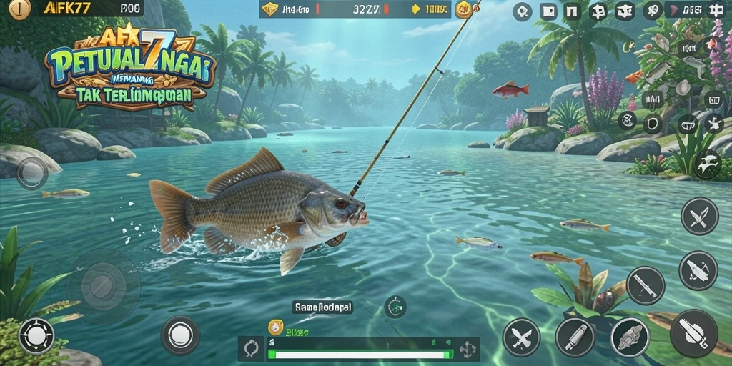 Tampilan gameplay AFK77 dengan suasana memancing yang menenangkan.